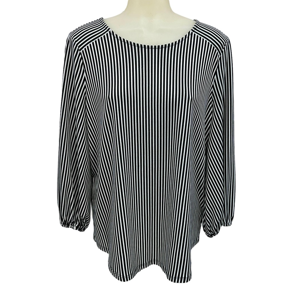 ADRIANNA PAPELL Black White Stripes Long Balloon Sleeves Blouse Sz Med K…